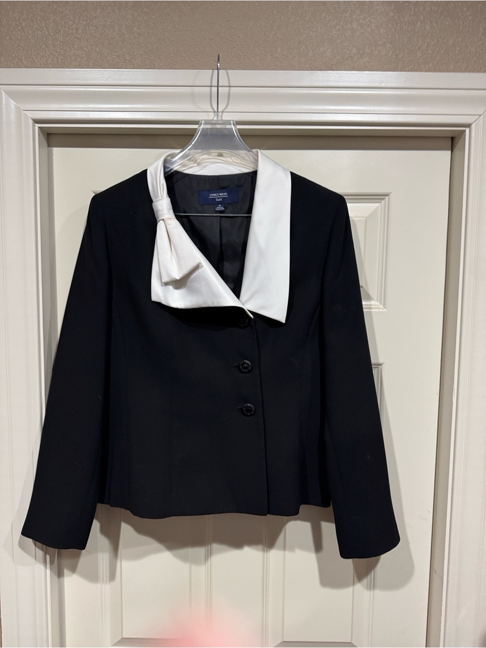 Anne Klein Black Jacket with White Trim and Bow Collar and black skirt